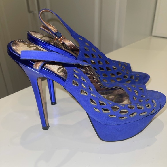 Sam Edelman Colbat Blue Open Toe Slingback Heels - Picture 1 of 3